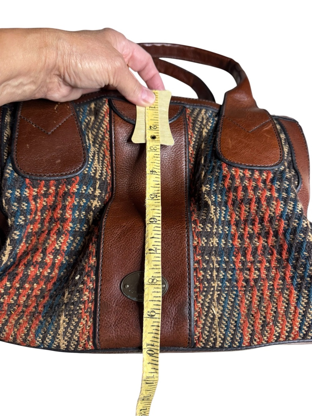 VINTAGE Fossil Key-Per Large Leather Multicolor Tweed Satchel Tote Bag - Picture 10 of 10